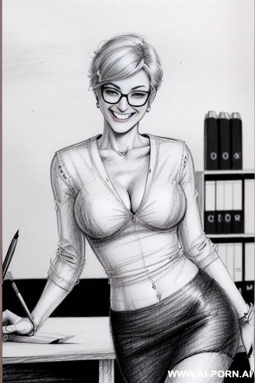 ((((image comic-drawing pencil style)))) ((((medium body shot)))) ((((in the office)))) ((((smiling silly face)))) pretty italian woman full lips, muscle fit , black short skirt , white long-sleeved - #main