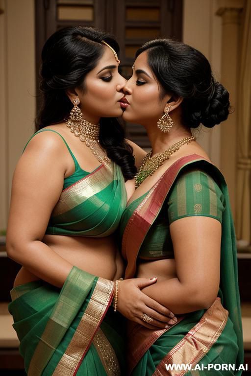 one ancient indian chubby queen in a elegante green saree is kissing her favourite chubby full naked female servant with shaved vagina - #main