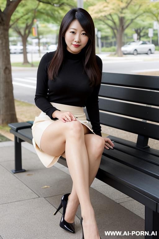 one japanese office lady ， is sitting on park benches， hands on sides, pretty face with long hair ，mid pencil skirt ,pantyhose, mid heels， facing ford，legs spread. the skirt needs to be and wrinkle-free. show panty - #main