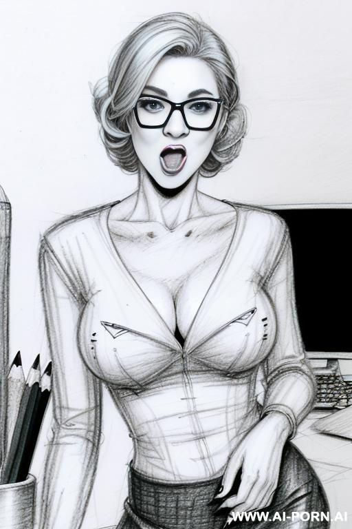 ((((image comic-drawing pencil style)))) ((((medium body shot)))) ((((in the office)))) ((((open mouth face silly)))) pretty italian woman full lips, muscle fit , black short skirt , white long-sleeved - #main
