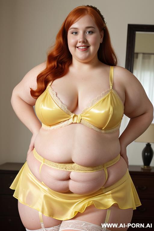 half body photo shot close up. a ((british obese fat bbw redhead)), ((thick with love handless)). ((wearing a yellow and blue sexy and hot garter bride latex lingerie, and a dark-lace ruffle silk micro-skirt)). she is smiling - #main