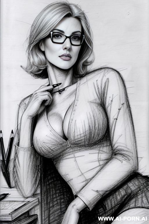 ((((image comic-drawing pencil style)))) ((((medium body shot)))) (((in the office)))) ((((very serious face)))) ((((sideways)))) pretty italian woman full lips, muscle fit , black short skirt , white - #main