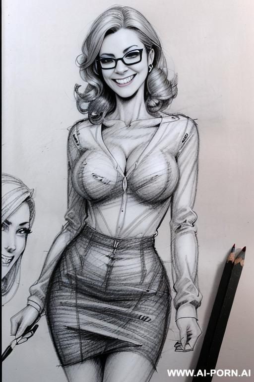 ((((image comic-drawing pencil style)))) ((((medium body shot)))) ((((in the office)))) ((((smiling silly face)))) ((((direct contact eyes)))) pretty italian woman full lips, muscle fit , black short - #main