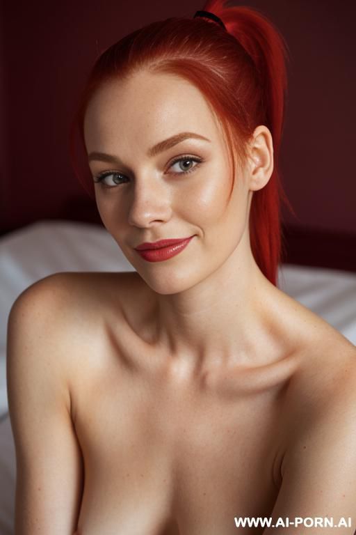 lady, naked on bed, masturbation, red hair, ponytail. - #main