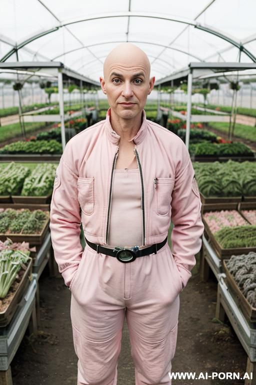 sci-fi farmer bald woman, bald androgynous slight woman, perfect androgynous, man chest, swanneck, on tsci-fi farm - #main
