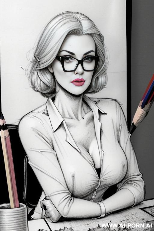 ((((image comic-drawing pencil style)))) ((((medium body shot)))) ((((in the office)))) ((((crooked pouting lips)))) pretty italian woman full lips, muscle fit , black short skirt , white long-sleeved - #main