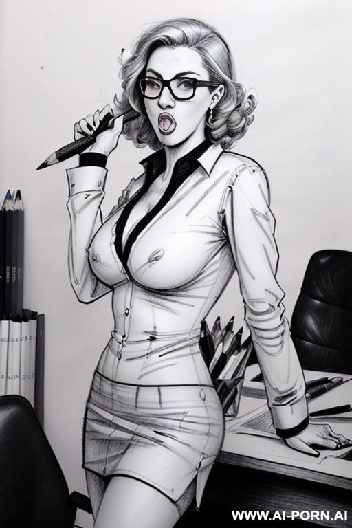 ((((image comic-drawing pencil style)))) ((((medium body shot)))) ((((in the office)))) ((((crooked open mouth)))) ((((silly face)))) pretty italian woman full lips, muscle fit , black short skirt , - #main