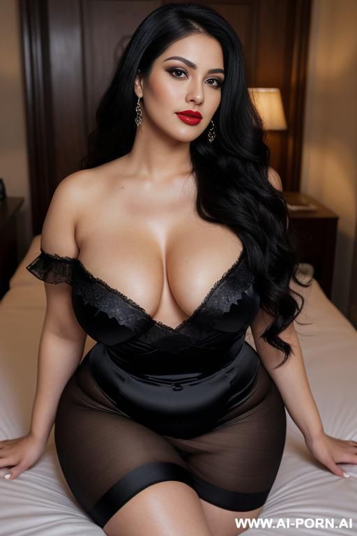 long black fluffy wavy waterfall braid, persian, narrow eyes, pointy nose, high cheekbones, ((heavy perky breasts)), deep cleavage, seductive sexy grin, dimples, fit voluptuous hourglass figure, big - #main