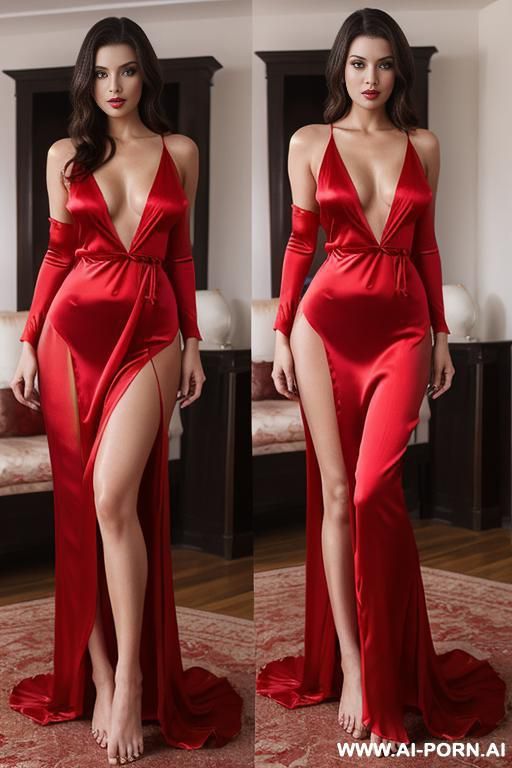 bright red full length form fitting silk nightgown, nightgown wrapped around whole body, plunging neckline, wide hips - #main