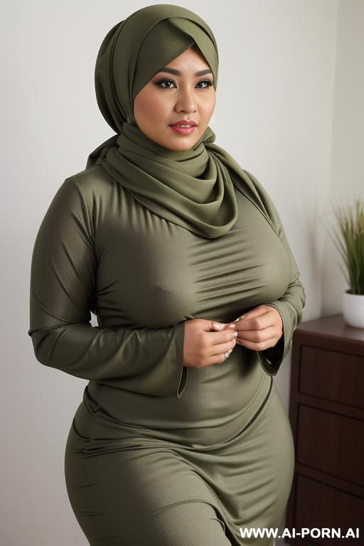 milf, voluptuous body figure, indonesian, sunda ethnicity, light olive skin, pashmina style jilbab, wearing stylish pashmina jilbab, wearing housedress. fully clothed, no cleavage, covered. modesty. natural massive saggy breast. - #main