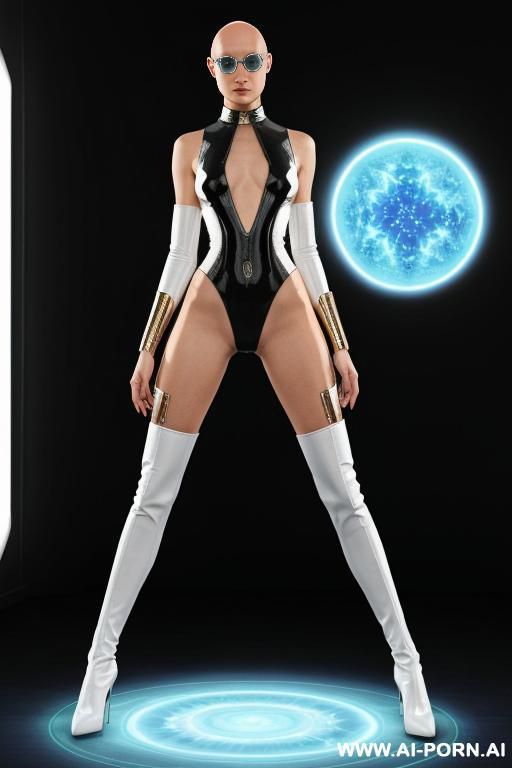 bald androgynous fantasy sci-fi slight woman, perfect slight androgynous, man chest, round ass milf in a long elegant sci-fi dress, swanneck, she make a courtsey - #main