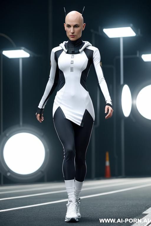 bald androgynous slight woman, perfect androgynous, man chest, round ass milf in a long sci-fi elegant dress, atompunk, he wears a sci-fi fantasy cap on her head and sci-fi fantasy sneakers on her feet , she is runing away - #main