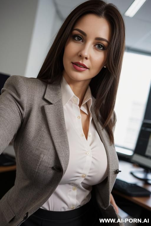 ((big natural tits)), office shirt, skirt, tights, formal coat, straight brunette hair, ((extreme closeup shot)) - #main