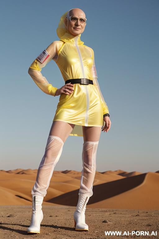 hyperrealism painting: full-length of slender bald androgynous japanese woman, niqab, robe lace red and black, age twenty, ((a cup teardrop boobs)), on the desert field, bald head, she wear - #main