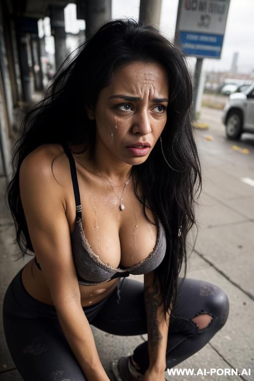 a homeless woman with a disheveled appearance and dirty clothes, an attractive body, and a sad gaze. wearing torn, dirty leggings and only a torn bra - #main