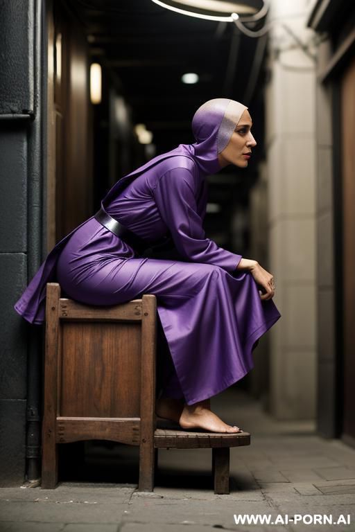 side view of the bald androgynous slight stunted sci-fi woman in the light purple cloack, perfect androgynous, man chest, round ass, complete weared, niqab, robe lace, sci-fi sneakers on the - #main