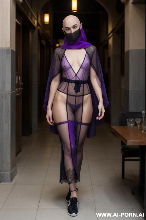 bald androgynous slight stunted sci-fi woman in the light purple cloack, perfect androgynous, man chest, round ass, complete weared, niqab, robe lace, sci-fi sneakers on the foots, sci-fi arab res trousers, cyberpunk - #main