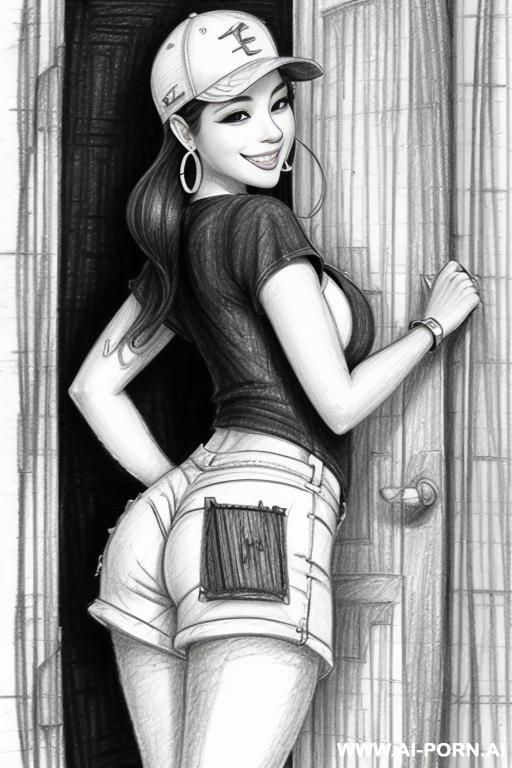 ((((cartoon)))) ((((image drawing pencil style))) (((mediun body shot))), (oíl skin body) , (hoop earrings), long, thick, brunette pixie haircut, (sexy slut), (((most beautiful japanese woman ever - #main
