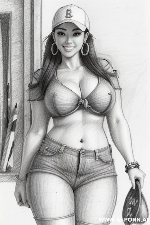 ((((cartoon)))) ((((image drawing pencil style))) (((mediun body shot))), (oíl skin body) , (hoop earrings), long, brunette pixie haircut, (sexy slut), (((most beautiful japanese woman eversmiling))), - #main