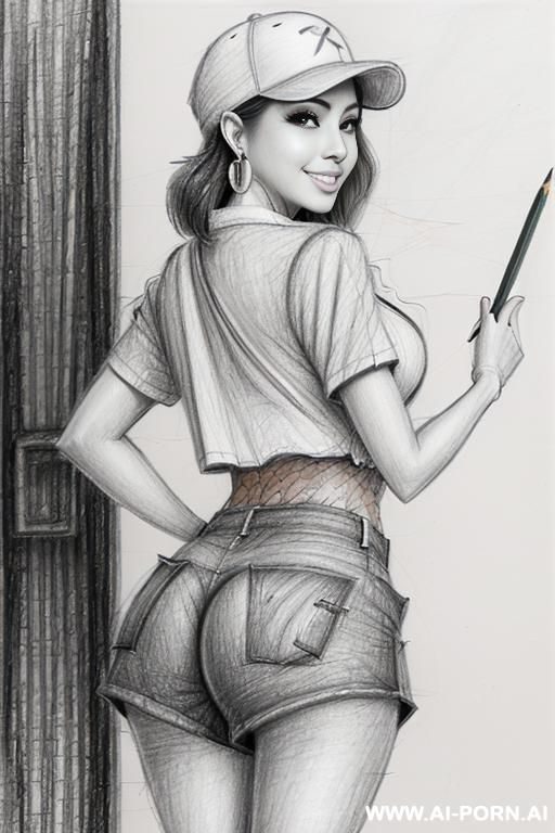 ((((cartoon)))) ((((image drawing pencil style))) (((full body shot))), (oíl skin body) , (hoop earrings), long, brunette pixie haircut, (sexy slut), ((((from behind)))) (((most beautiful oriental woman - #main