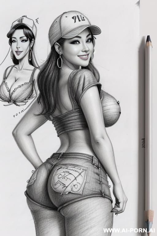 ((((cartoon)))) ((((image drawing pencil style))) (((mediun body shot))), (oíl skin body) , (hoop earrings), long, brunette pixie haircut, (sexy slut), (((most beautiful china woman ever smiling))), - #main