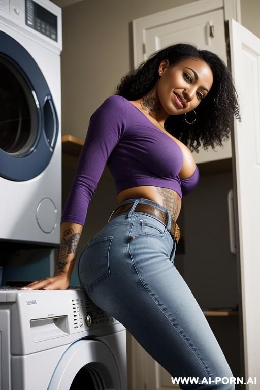 ebony latina, straight worn blue jeans, belt, purple top, oxford shoes, ((view form the ground)), ((extra low angle)), lean twerking, spread butt, spreading legs, ((extra zoom on face)), tattooed - #main