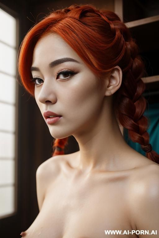 woman, 20-year-old korean, naked subjective point of view, beautiful, gorgeous, eyeliner, red hair, braids, naked, a woman getting fucked by a ((( with two dicks)))—a masterpiece in k - #main