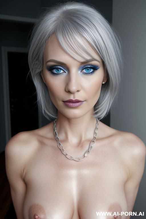 , caucasian, blue eyes, make up, silver hair, naked, hip chain - #main
