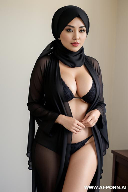 indonesian, sunda ethnicity, milf, voluptuous, natural breasts, massive saggy boobs, wearing pashmina style jilbab outfit & styling details: ((b)). she is wearing a modern casual jilbab outfit. a - #main