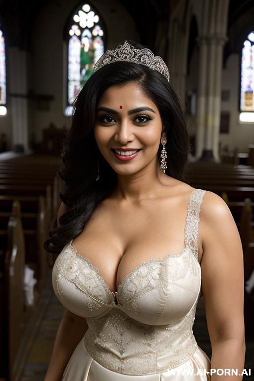 bangladesi gilf, full shot of a nerdy, (big eyes), 20 year old, smiling, ((massive sagging breasts)), standing in a church, wearing an intricate wedding dress, showing cleavage, showing breasts - #main