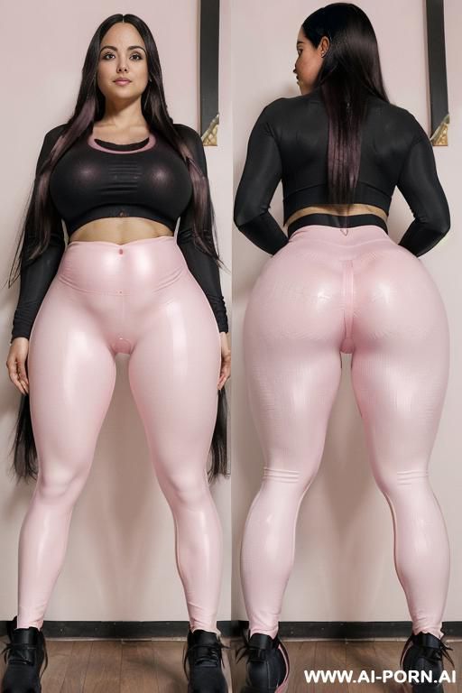 ((a spanish woman named regina has a jet-black, straight, long hair an tits disproportionately big.)) ((((she is wearing pink leggings)))). ((((she has a fat, swollen, pronounced cameltoe.)))) frontal - #main