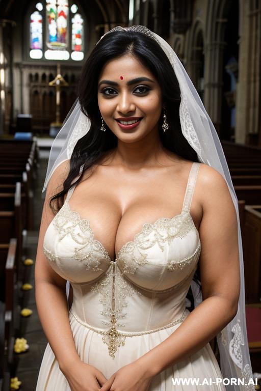 bangladesi gilf, full shot of a nerdy, (big eyes), 20 year old, smiling, ((massive sagging breasts)), standing in a church, wearing an intricate wedding dress, showing cleavage, showing breasts - #main