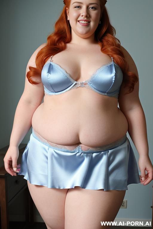 half body photo shot close up. a ((british obese fat bbw redhead)), ((thick with love handless)). ((wearing a sky-blue bright sexy and hot ((erly queen)) garter belt bride lingerie of flowers, and a silk micro-skirt)). she is smiling, anklet heart - #main