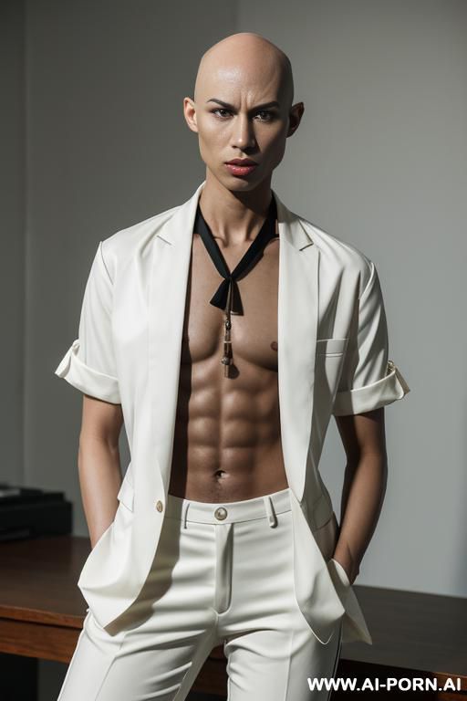 full-length perfect androgynous bald 1woman, thai high, man chest, masculine chest, transparent thai uniform, the hairstyle is bald, the triangular facies, the long swanneck, the slender body, white - #main