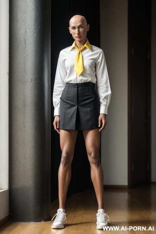 full-length perfect androgynous bald 1woman, thai high, man chest, masculine chest, thai uniform, the hairstyle is bald, the swanneck, the slender body, white uniform shirt, loose striped necktie, - #main