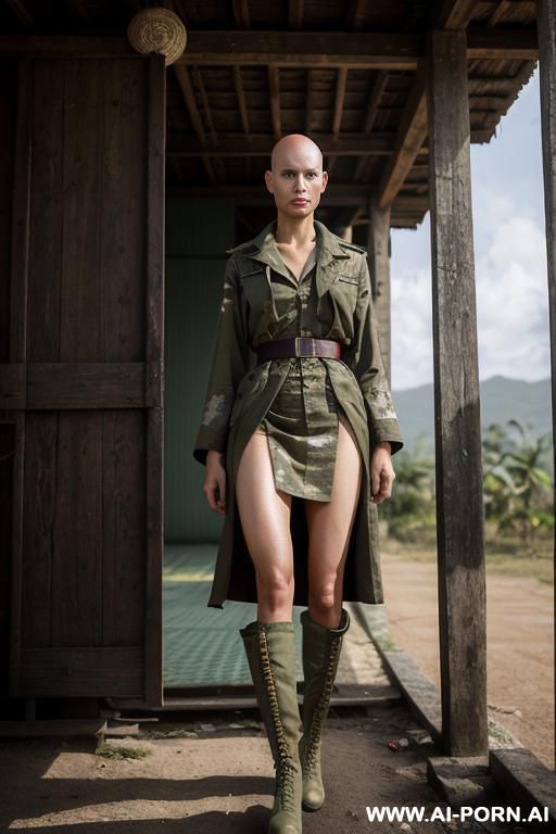 androgynous bald slender lanky woman in the strange sci-fi military brasilian dress, long nightgown - #main