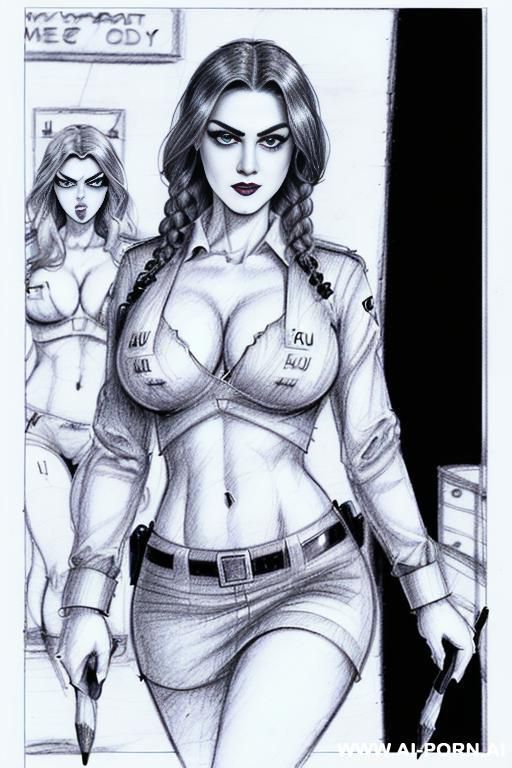 ((((mediun body shot)))) ((((image comic-drawing pencil style)))) down level shot ((((landscape office)))) ((((security guard)))) ((((walking sexy pose)))) ((((shameless)))) ((((seductive gaze)))) ((((big eyes)))) - #main