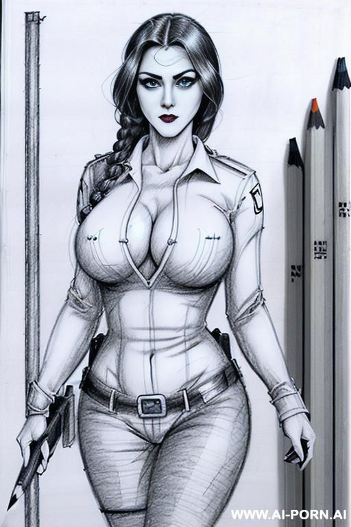 ((((mediun closed up shot)))) ((((image comic-drawing pencil style)))) down level shot ((((landscape office)))) ((((security guard)))) ((((walking sexy pose)))) ((((shameless)))) ((((seductive gaze)))) ((((big - #main