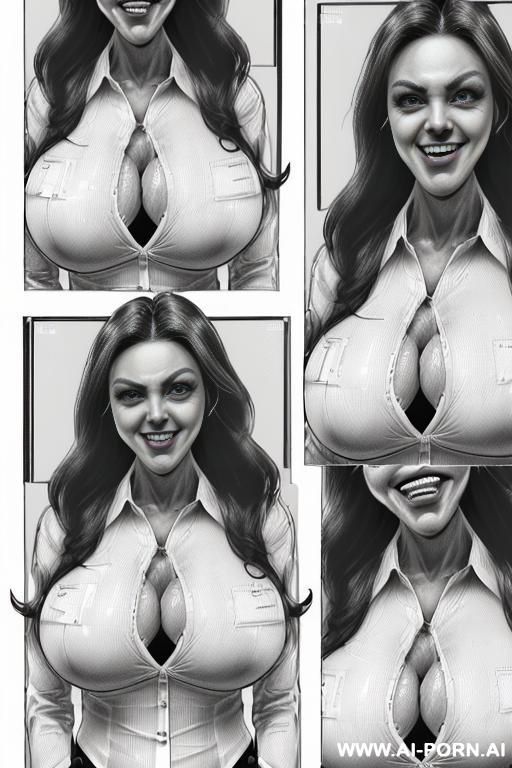 ((((mediun shot)))) (((on three panels))) ((((each panel a different pose sexy)))) ((((image comic-drawing pencil style)))) down level shot ((((landscape office)))) ((((security guard)))) ((((laughing)))) - #main