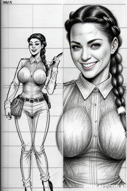 ((((mediun body shot)))) (((on three panels))) ((((each panel a different pose sexy)))) ((((image comic-drawing pencil style)))) down level shot ((((landscape office)))) ((((security guard)))) ((((laugh)))) - #main