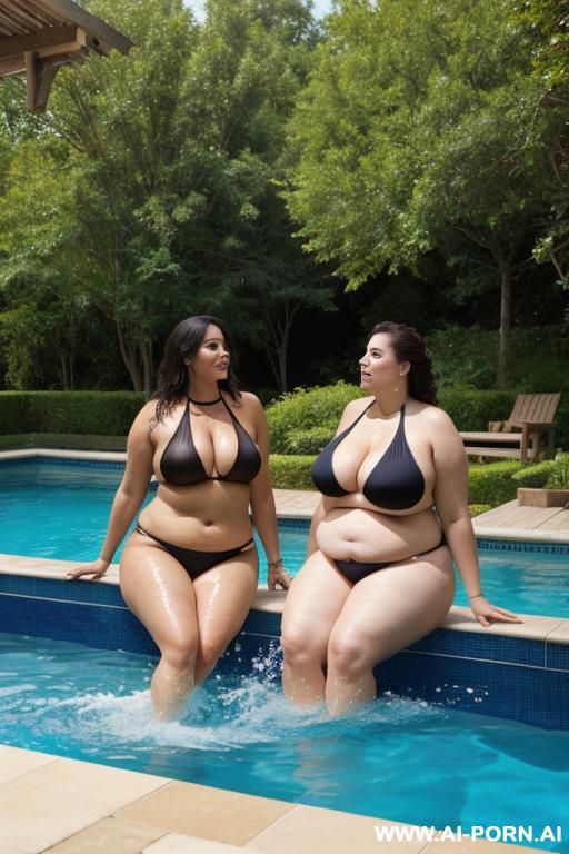 2 women in the pool outdoor. 1 woman and 1 very fat woman, - #main