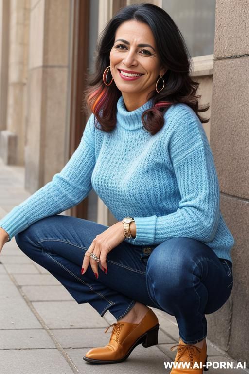 hot milf, colorful sweater, bootcut blue jeans, oxford shoes - #main