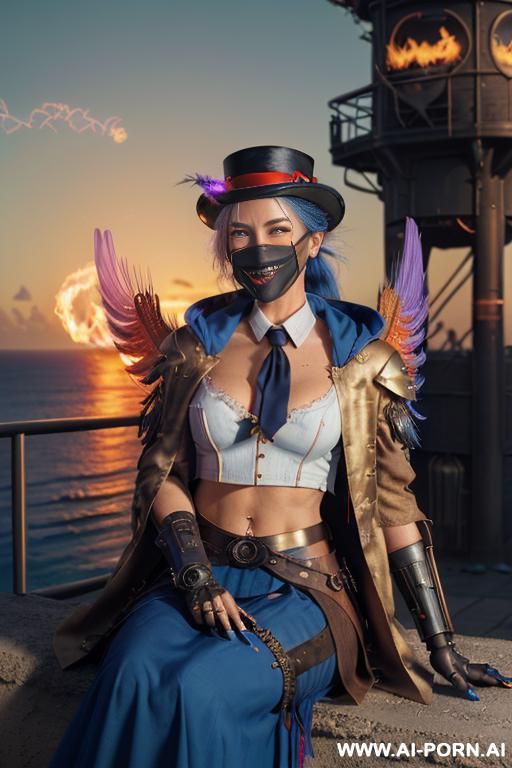 ((((masterpiece)))), (((woman sitting))), (glowing red eyes), (long blue purple and white hair with a flower), ((crop top white collar shirt with red tie)), ((((flaming angel wing)))), ((navy formal - #main
