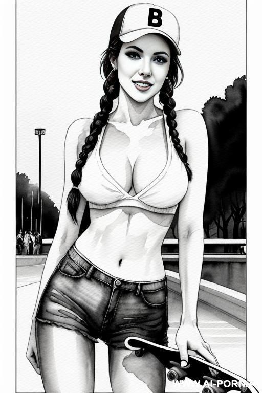 ((((at the street)))) ((((skate board)))) ((((image comic-drawing watercolor style)))) down level shot boobs in closedup, (((( woman)))) pretty italian woman full lips smile bent over standing on sexy - #main