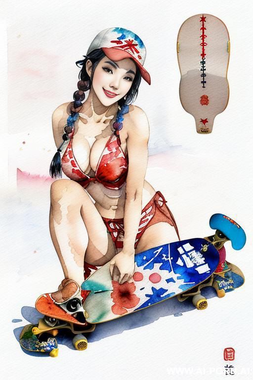 ((((landscape old japan flag)))) ((((skate board)))) ((((image comic-drawing watercolor style)))) down level shot boobs in closedup (((( gaze)))) pretty japanese woman full lips smile bending over - #main