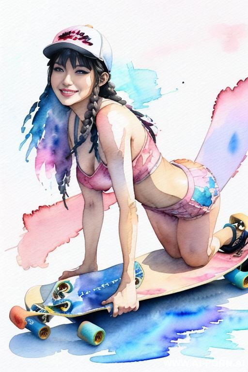 ((((skate board)))) ((((image comic-drawing watercolor style)))) (((( gaze)))) pretty japanese woman full lips smile bending over lying on , shorts fitted low-rise panties, muscle fit , braids brunette - #main