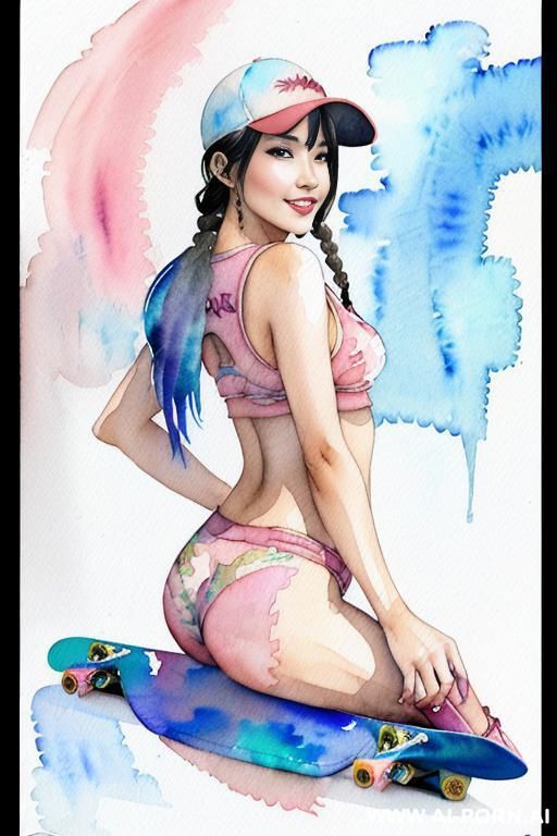 ((((skate board)))) ((((image comic-drawing watercolor style)))) (((( gaze)))) pretty japanese woman full lips smile bending over lying on , short fitted low-rise panties, huge eyes, muscle fit , - #main
