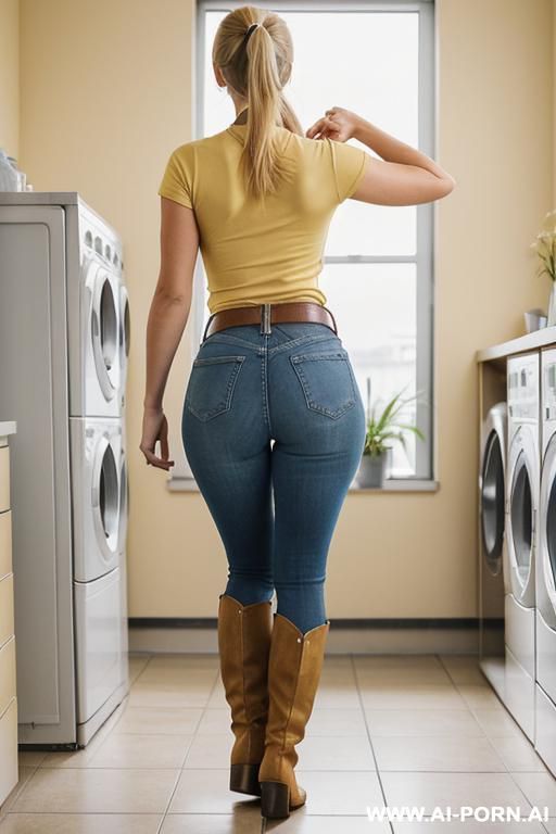 brown flats long boots, light-yellow t-shirt, straight light-blue jeans, belt, ((spread legs)), twerking, lean, full body view - #main