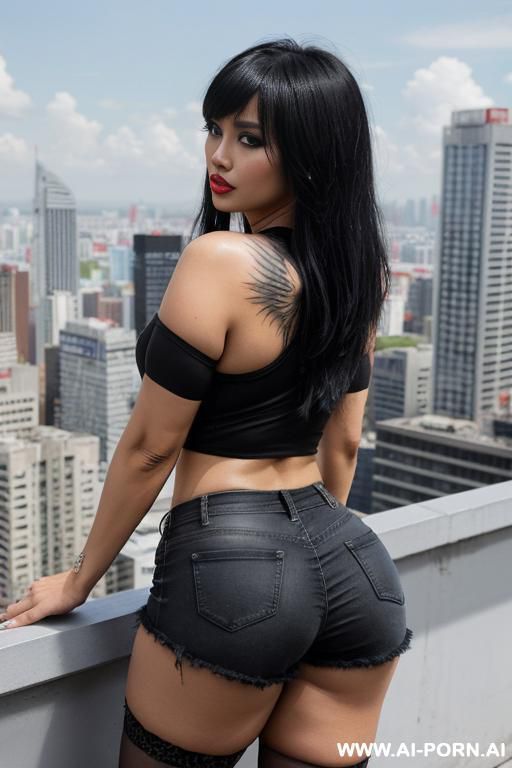 female sexy hooker pornstar long legs in black tight sport tshirt cleavage busty in tattered jeans barelegs in red sport shoes stand on roof top in big city blue glass big buildings many - #main