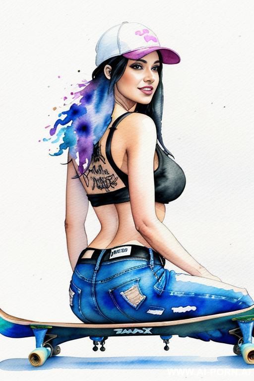 ((((at the street)))) ((((skate board)))) ((((image comic-drawing watercolor style)))) down level shot boobs in closedup ((((seductive gaze)))) from behind pretty italian woman full lips smile shocked - #main